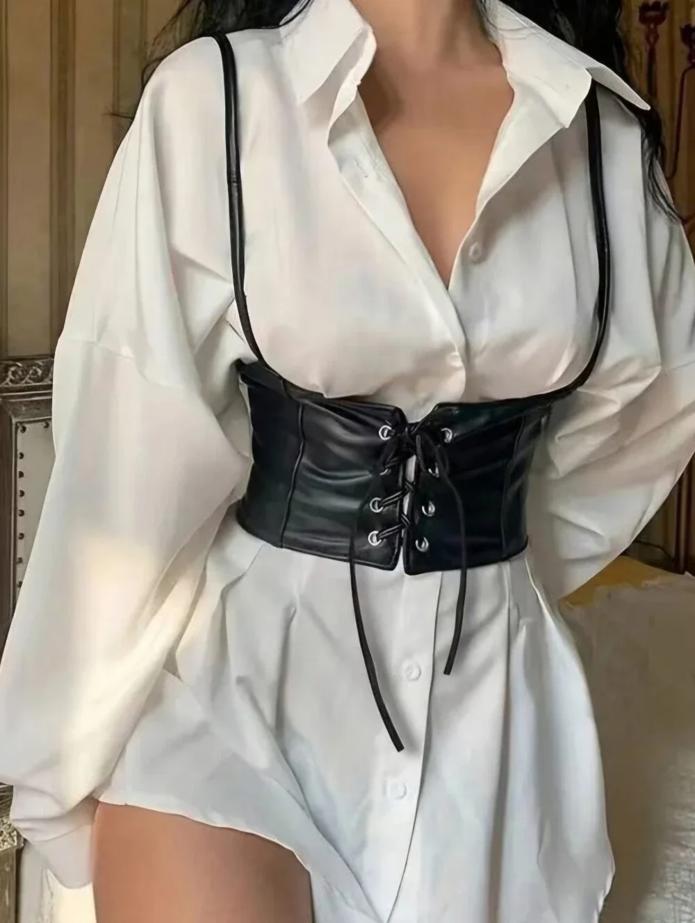 Black Lace Up Corset Style Faux Leather Belt Waist Cincher One Size